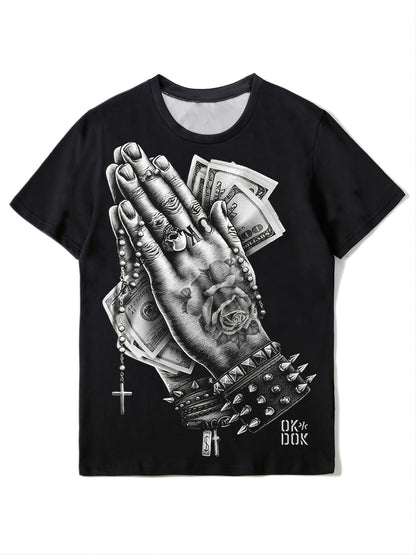 New Men's Casual Loose Fashionable Hiphop Style Black Crew Neck Pray Hand Gesture Print Short Sleeves T-Shirt Christmas Gifts