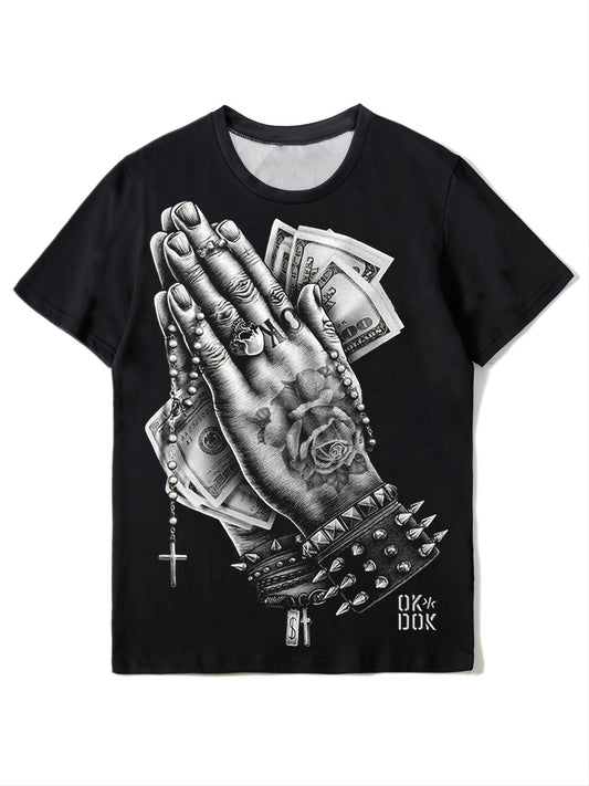New Men's Casual Loose Fashionable Hiphop Style Black Crew Neck Pray Hand Gesture Print Short Sleeves T-Shirt Christmas Gifts