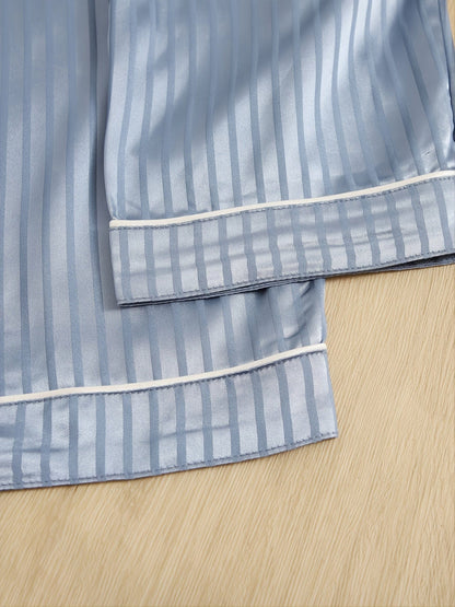 1pc Men's Satin Button Up Striped Pajama Set, Men's Sleepwear