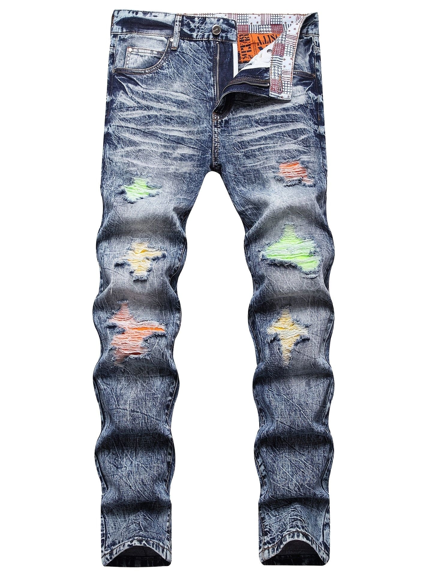 Men's Ripped Patched Jeans, Winter Casual Colorblock Slim Fit Straight Cotton Jeans