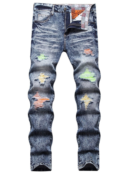 Men's Ripped Patched Jeans, Winter Casual Colorblock Slim Fit Straight Cotton Jeans