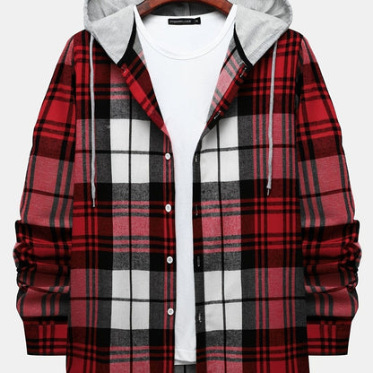 One Size Smaller,  Flannel Loose Shirt For Men Plaid Long Sleeve Casual Button-Down Shirts With Hood Christmas Gifts