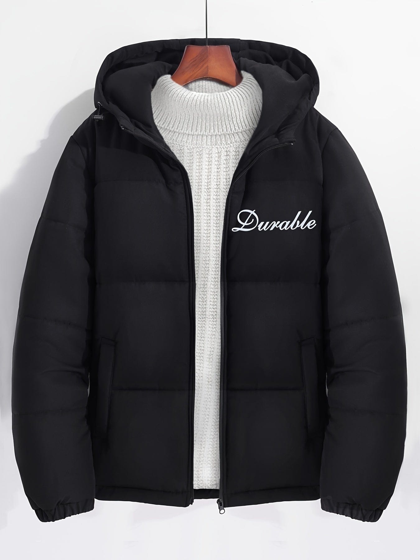 Men's Basic Letter Print Zipper Hooded Cotton-padded Jacket Coat For Winter