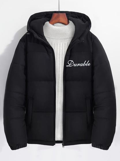 Men's Basic Letter Print Zipper Hooded Cotton-padded Jacket Coat For Winter