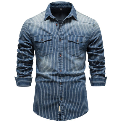 Striped Stretch Men's Denim Shirts Male Jeans Casual Slim