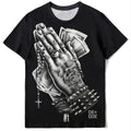 New Men's Casual Loose Fashionable Hiphop Style Black Crew Neck Pray Hand Gesture Print Short Sleeves T-Shirt Christmas Gifts