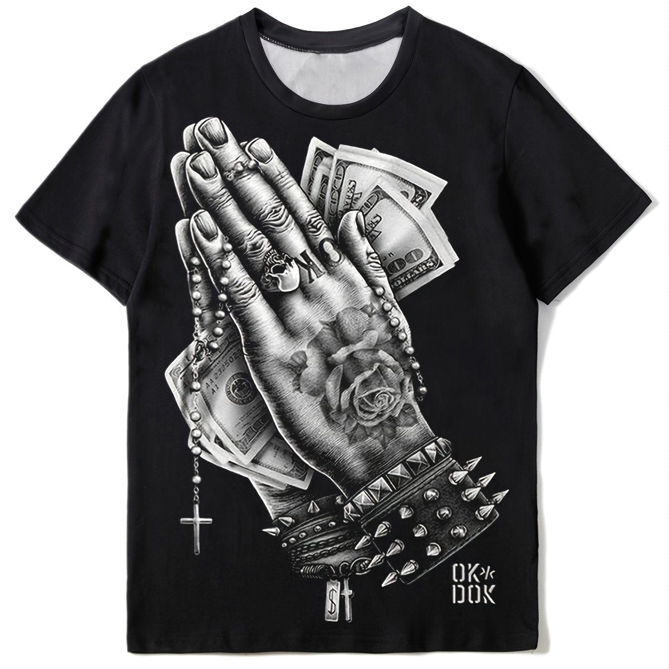 New Men's Casual Loose Fashionable Hiphop Style Black Crew Neck Pray Hand Gesture Print Short Sleeves T-Shirt Christmas Gifts