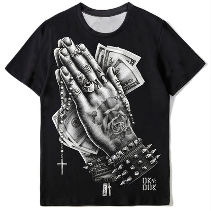 New Men's Casual Loose Fashionable Hiphop Style Black Crew Neck Pray Hand Gesture Print Short Sleeves T-Shirt Christmas Gifts