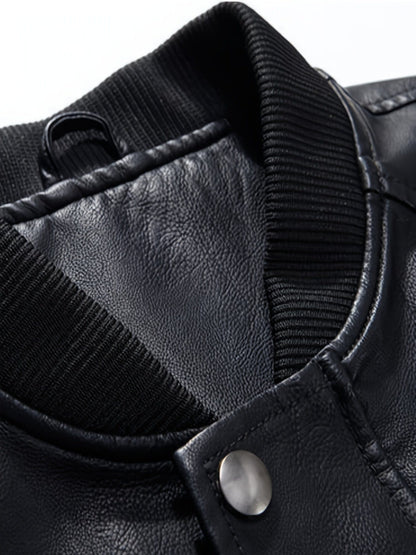 Men's Stand Collar Pu Leather Coat, Baseball Modern Jacket, Casual Long Sleeve Motorcycle Outwear Jacket