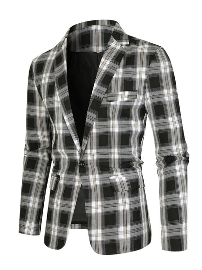 Men's Classic Fit Suits, Autumn Winter Casual Sports Slim Fit One Button Plaid Print Blazer Light Jacket