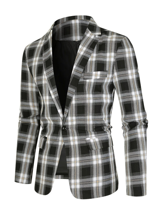 Men's Classic Fit Suits, Autumn Winter Casual Sports Slim Fit One Button Plaid Print Blazer Light Jacket