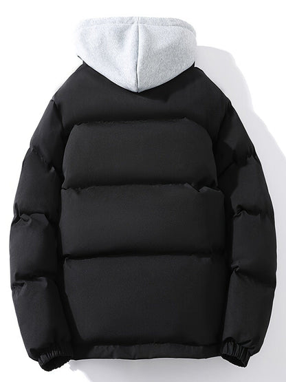 Men's Thick Winter Hooded Parka Jacket, Casual Solid Zip Warm Loose Cotton-padded Jacket Coat