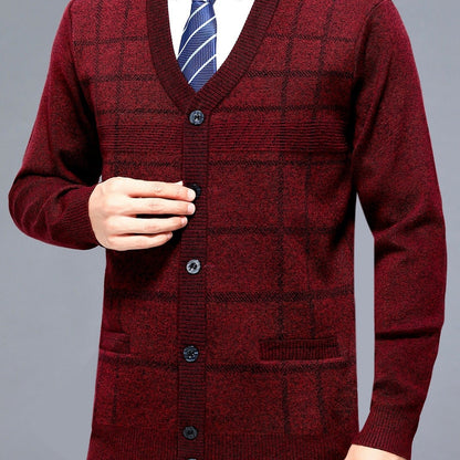 Men's Red V-neck Cardigan Button Up Sweater Plaid Knit Cardigan For Spring Fall Winter Men's Clothes