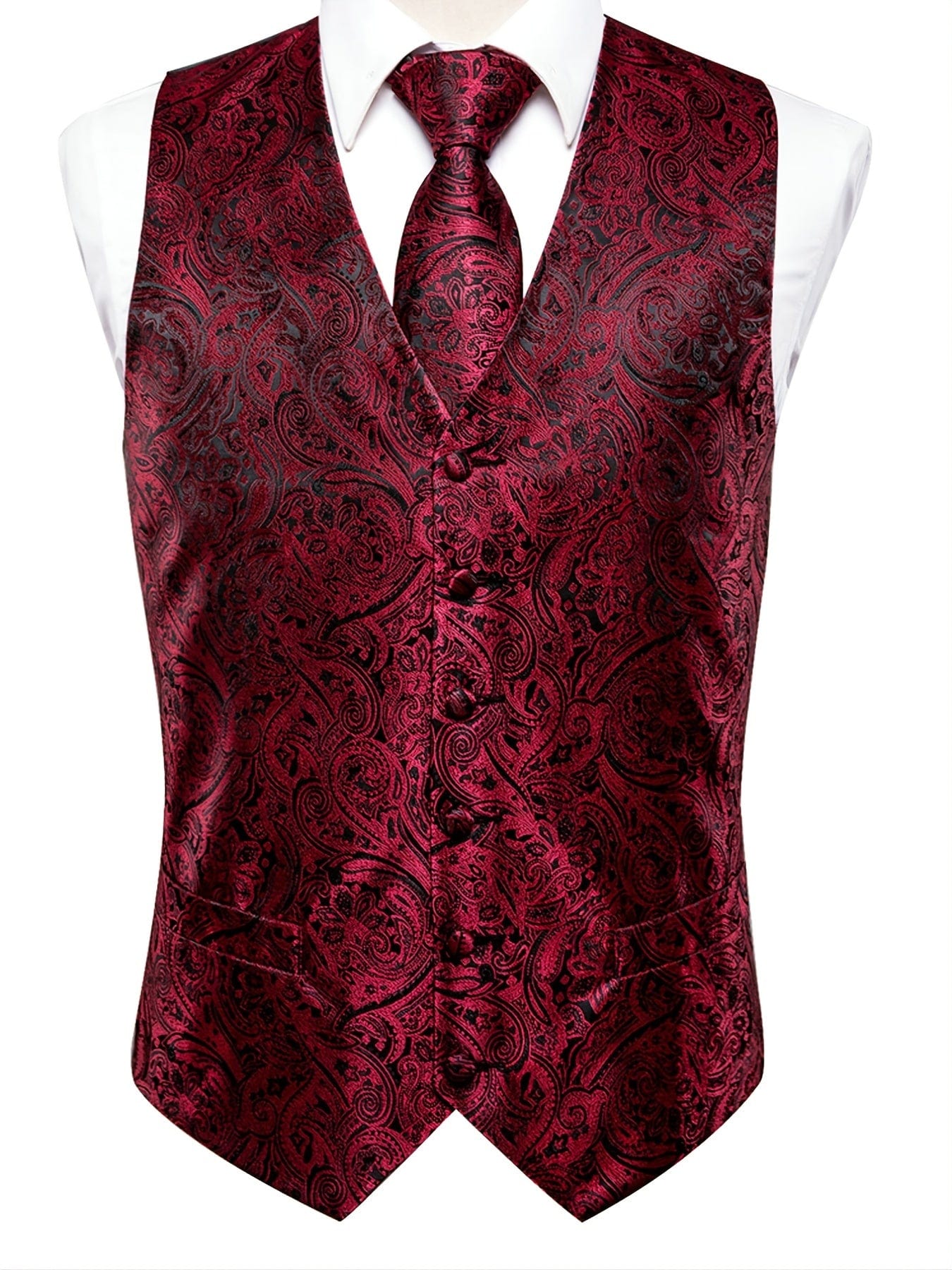 Men's Vintage Elegant Fit Sleeveless Vest Set, Formal Suit Waistcoat & Tie & Cufflinks & Hanky For Wedding Party Business