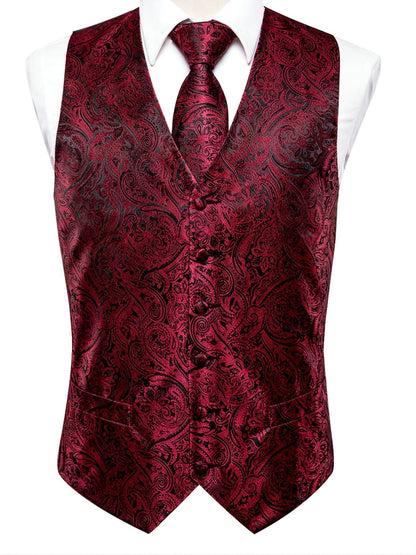 Men's Vintage Elegant Fit Sleeveless Vest Set, Formal Suit Waistcoat & Tie & Cufflinks & Hanky For Wedding Party Business