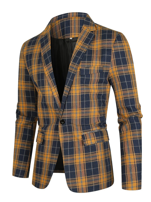 Men's Classic Fit Suits, Autumn Winter Casual Sports Slim Fit One Button Plaid Print Blazer Light Jacket