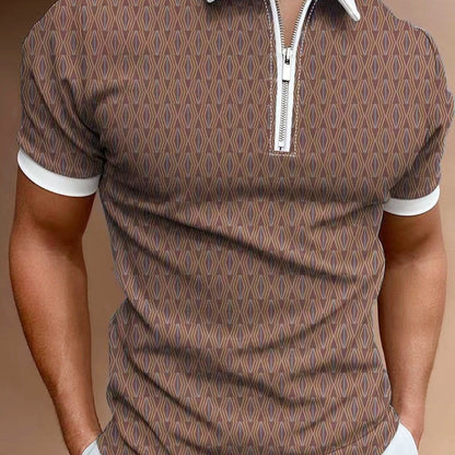 Small Size & Order Size Up, New Men's Casual Slim Fashionable Street Style Dark Brown Lapel Short Sleeves Polo Shirt With Floral Print Christmas Gifts