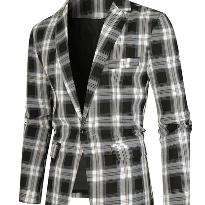 Men's Classic Fit Suits, Autumn Winter Casual Sports Slim Fit One Button Plaid Print Blazer Light Jacket
