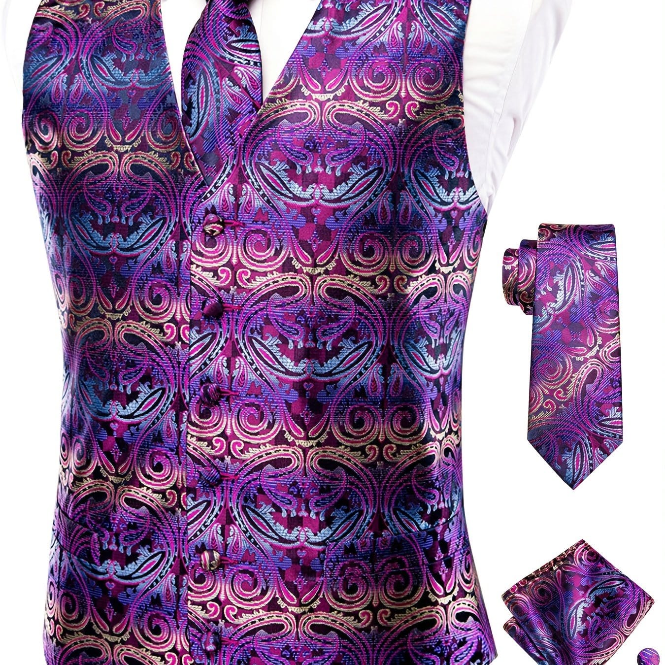 Men's Vintage Elegant Fit Sleeveless Vest Set With Floral Print, Formal Suit Waistcoat & Tie & Cufflinks & Hanky For Wedding Party Business