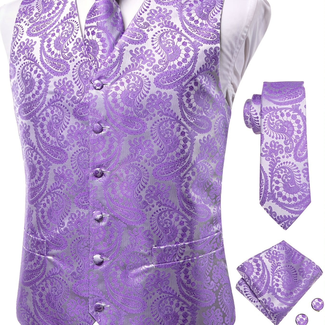 Men's Vintage Elegant Fit Sleeveless Vest Set With Floral Print, Formal Suit Waistcoat & Tie & Cufflinks & Hanky For Wedding Party Business