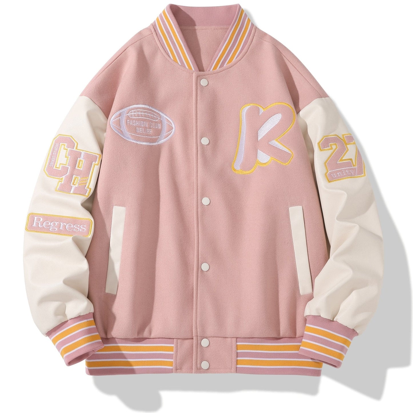 Men's Stand Collar Casual Loose Sports Jacket Color Block "R" Letter Embroidery Button Pocket Coat Top Clothes