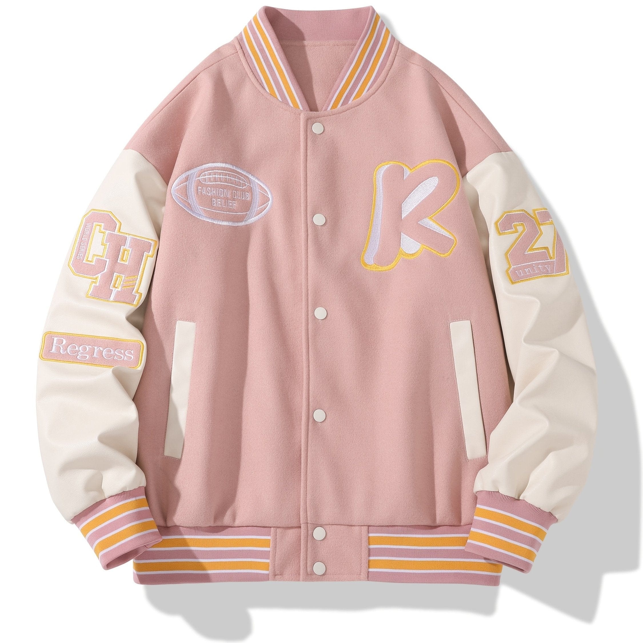 Men's Stand Collar Casual Loose Sports Jacket Color Block "R" Letter Embroidery Button Pocket Coat Top Clothes