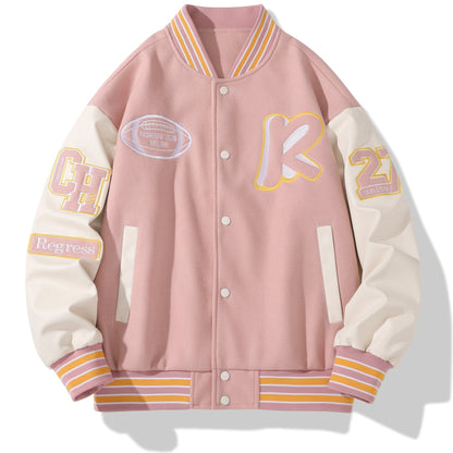 Men's Stand Collar Casual Loose Sports Jacket Color Block "R" Letter Embroidery Button Pocket Coat Top Clothes