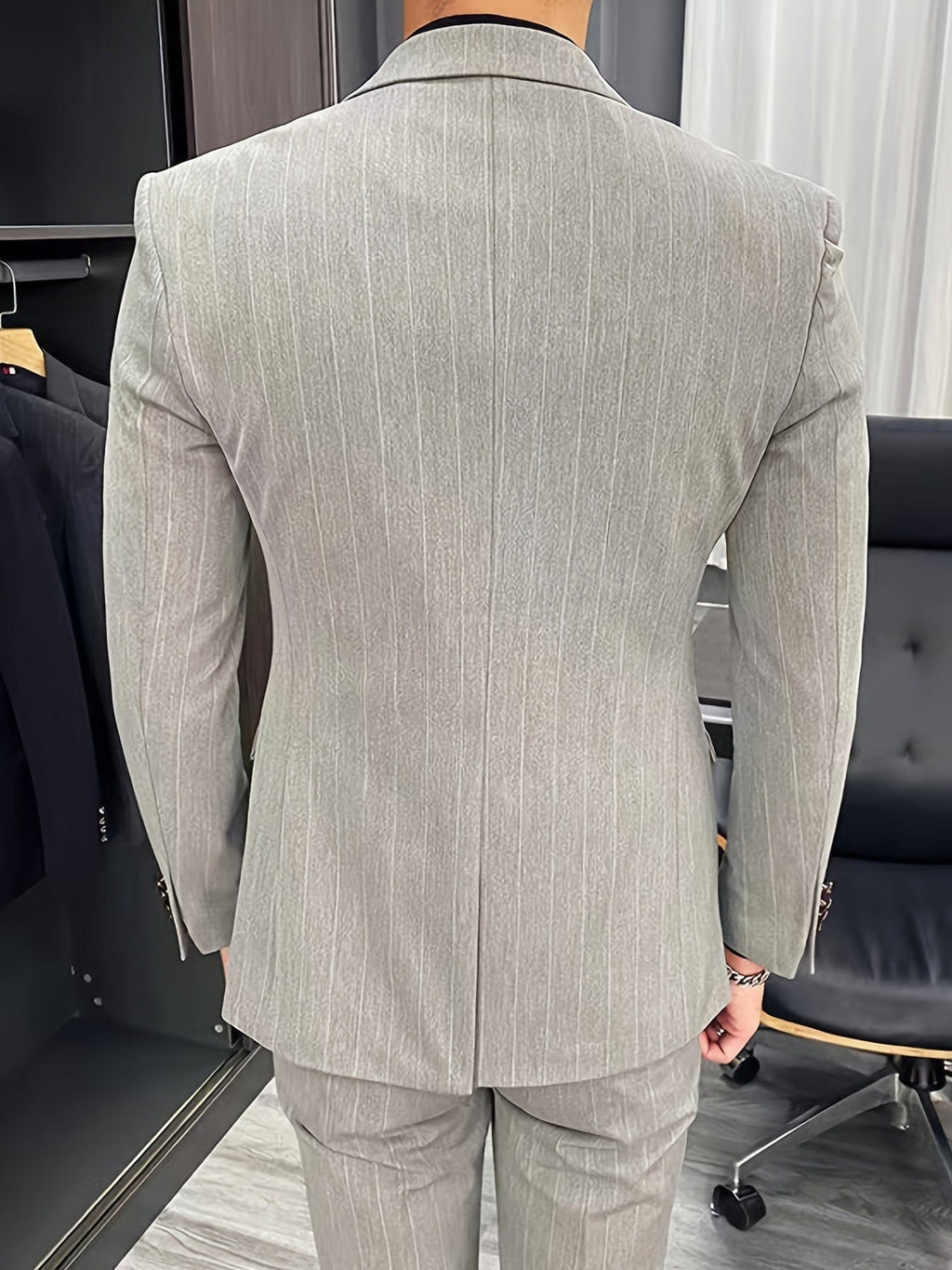 Small Size & Order Size Up, Men's Casual Striped Light Gray Suit
