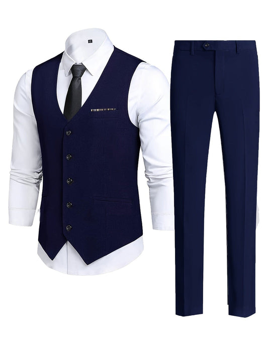 2pcs Men's Dress Suits, Slim Fit Blue Suit Vest And Pants