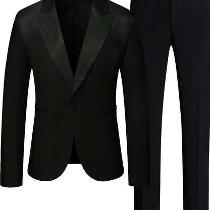 Men's V-neck Blazer Suit With Pants, One Button Top, Plain Color Smart Casual Wear