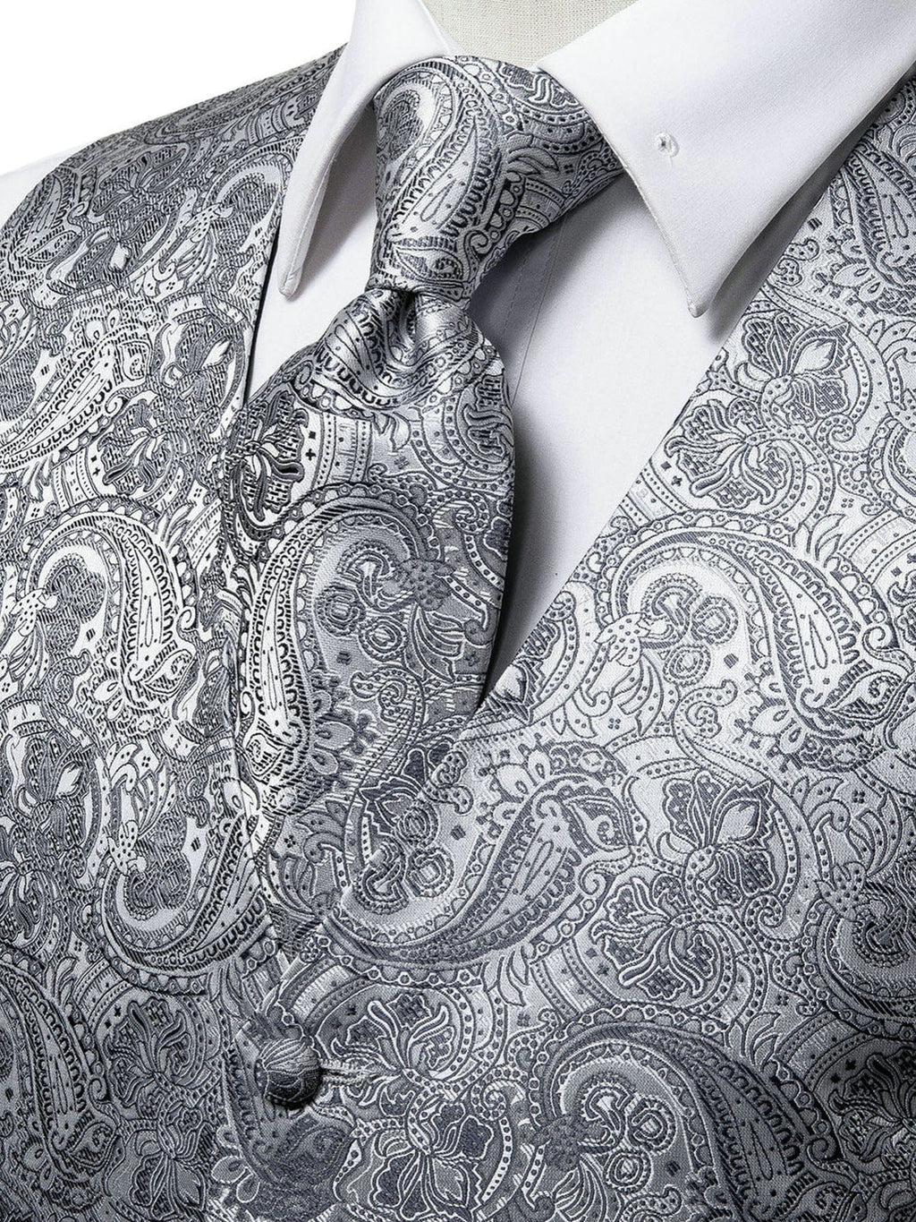 Men's Gray Paisley V-neck Suit Vest And Tie Set For Wedding Party Christmas Gifts