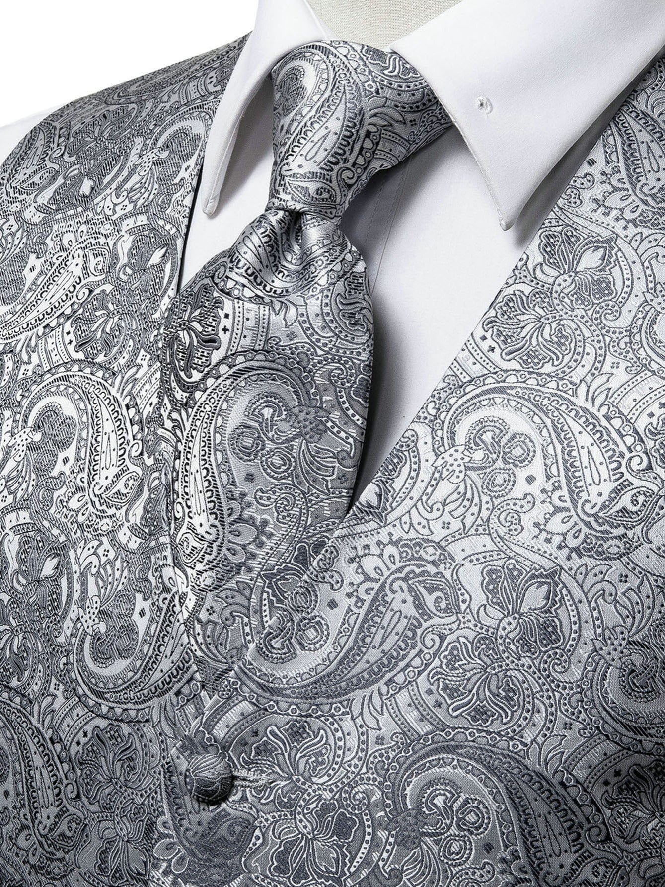 Men's Gray Paisley V-neck Suit Vest And Tie Set For Wedding Party Christmas Gifts