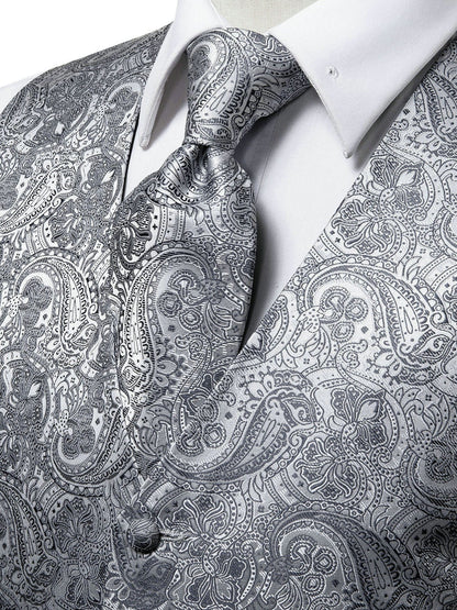 Men's Gray Paisley V-neck Suit Vest And Tie Set For Wedding Party Christmas Gifts