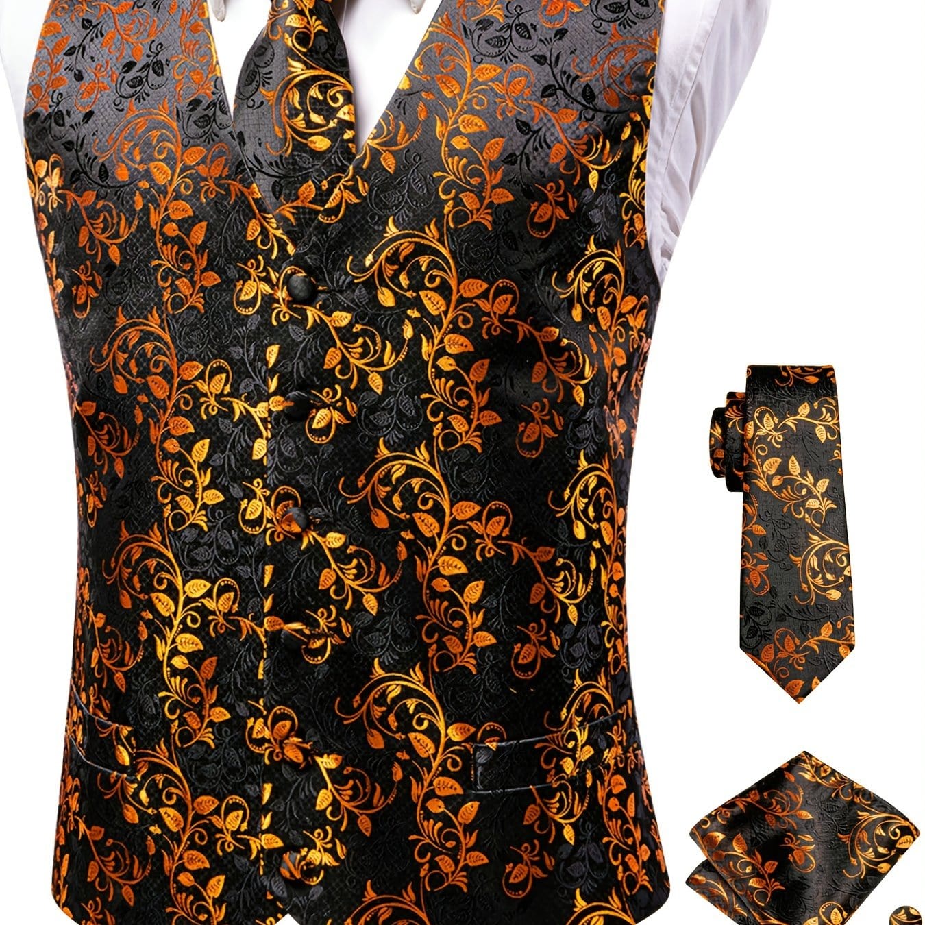Men's Vintage Elegant Fit Sleeveless Vest Set With Floral Print, Formal Suit Waistcoat & Tie & Cufflinks & Hanky For Wedding Party Business