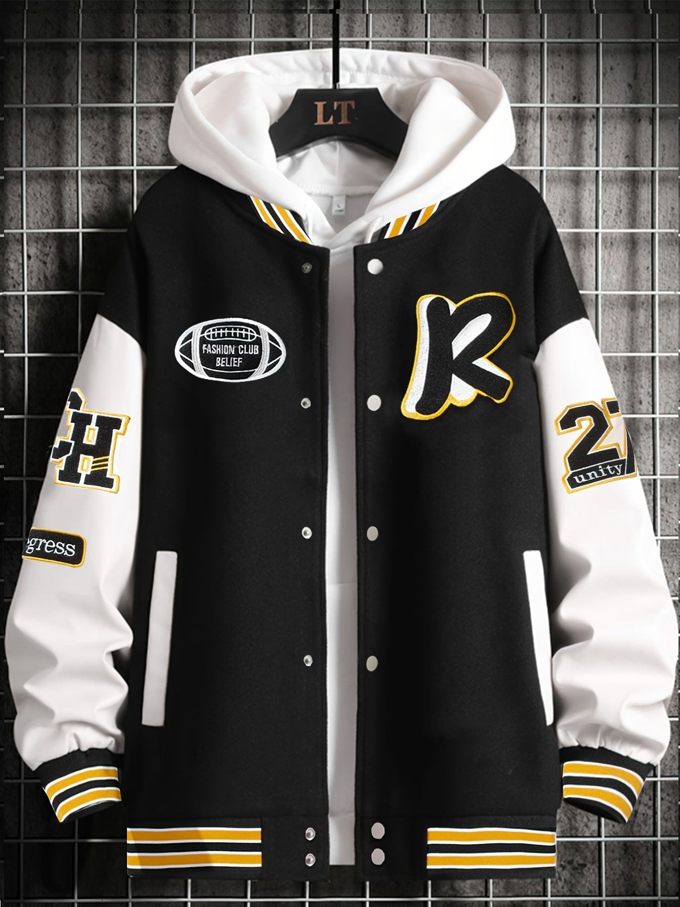 Men's Stand Collar Casual Loose Sports Jacket Color Block "R" Letter Embroidery Button Pocket Coat Top Clothes