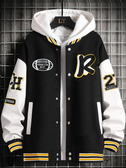 Men's Stand Collar Casual Loose Sports Jacket Color Block "R" Letter Embroidery Button Pocket Coat Top Clothes