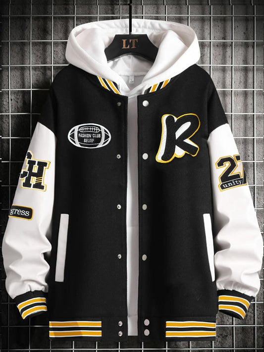 Men's Stand Collar Casual Loose Sports Jacket Color Block "R" Letter Embroidery Button Pocket Coat Top Clothes
