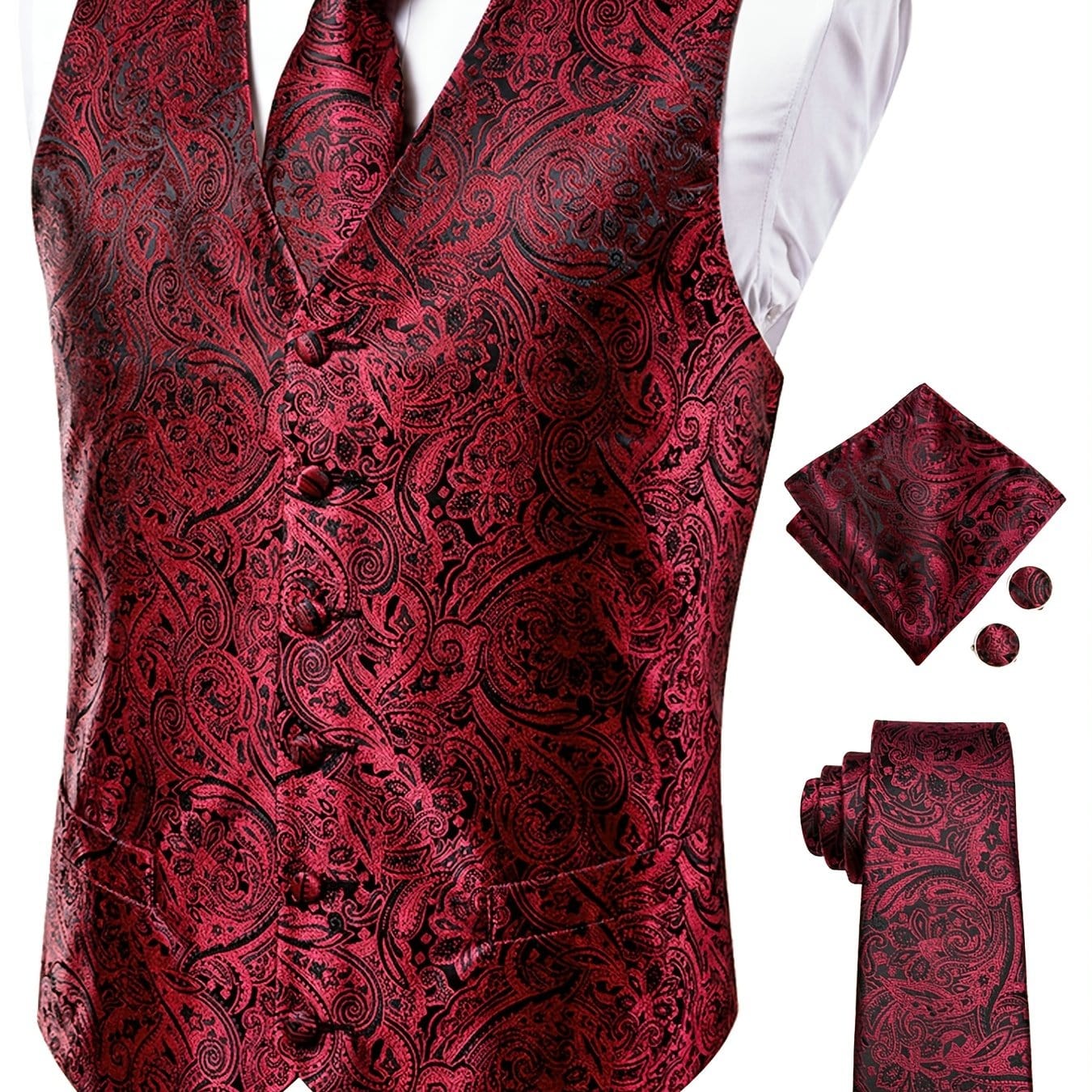 Men's Vintage Elegant Fit Sleeveless Vest Set, Formal Suit Waistcoat & Tie & Cufflinks & Hanky For Wedding Party Business