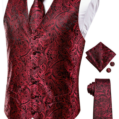 Men's Vintage Elegant Fit Sleeveless Vest Set, Formal Suit Waistcoat & Tie & Cufflinks & Hanky For Wedding Party Business