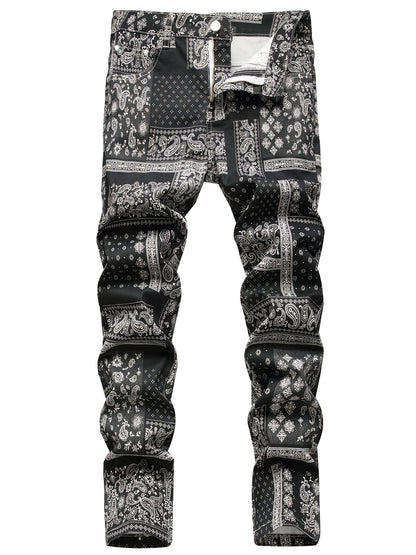 Men's Slim Jeans, Stretch Floral Pattern Denim Pants Men Clothes Best Sellers