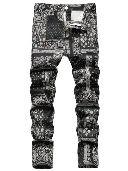Men's Slim Jeans, Stretch Floral Pattern Denim Pants Men Clothes Best Sellers