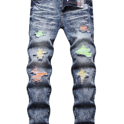 Men's Ripped Patched Jeans, Winter Casual Colorblock Slim Fit Straight Cotton Jeans