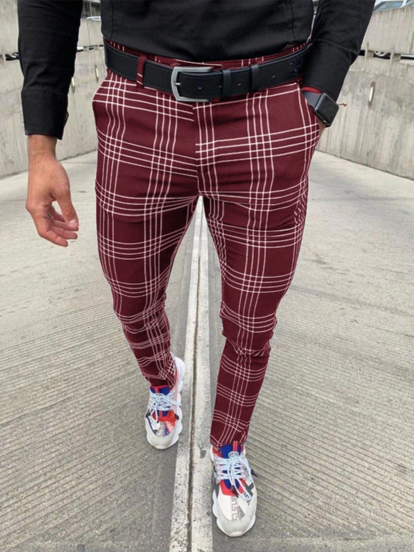 Men's Chino Plaid Casual Long Pants, Formal Business Pants Slim Fit Lattice Plaid Trousers