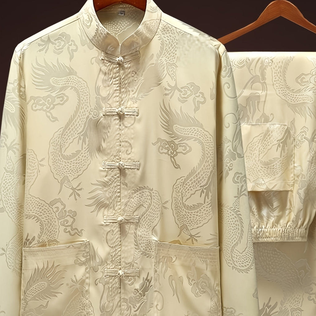Spring Summer Ice Silk Middle-aged & Elderly Men's Tang Suit, Long-sleeved Suit Silky Shirt Morning Training Suit Tai Chi