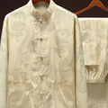 Spring Summer Ice Silk Middle-aged & Elderly Men's Tang Suit, Long-sleeved Suit Silky Shirt Morning Training Suit Tai Chi