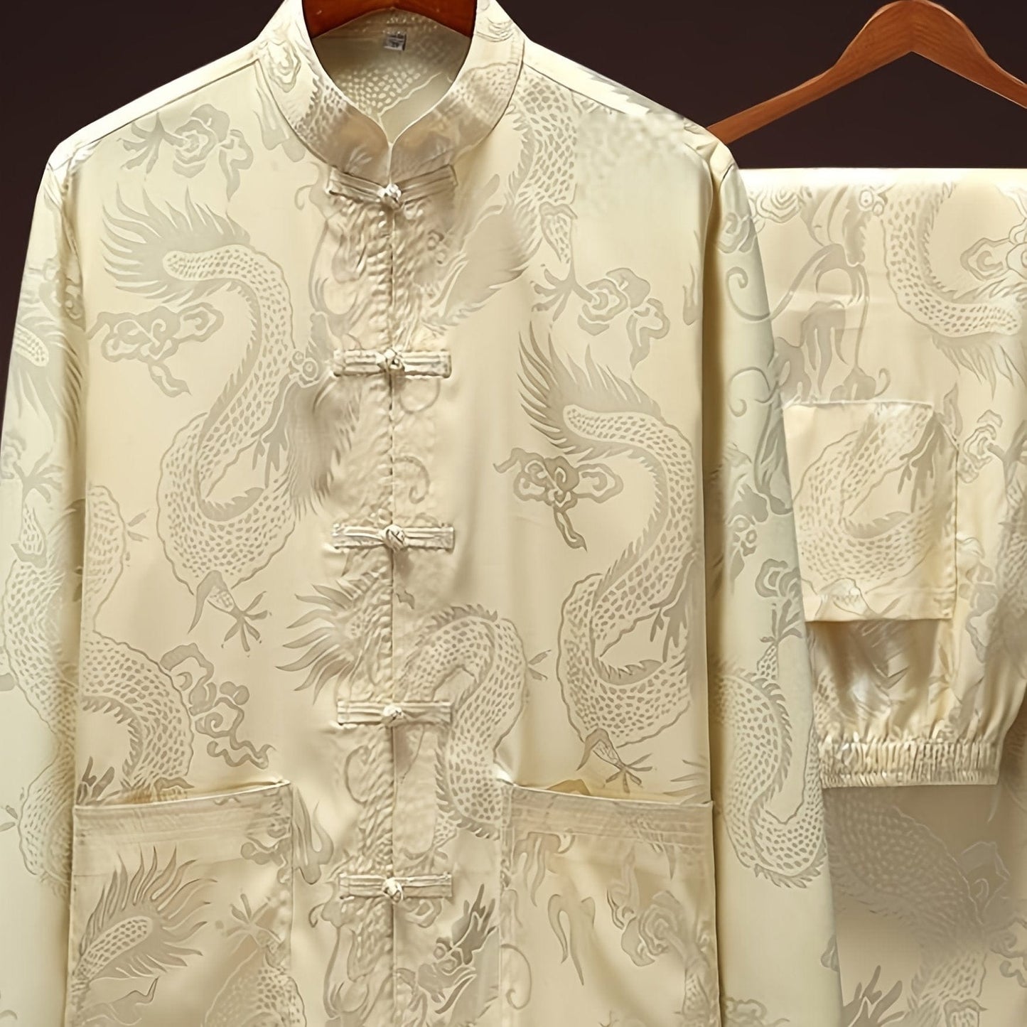 Spring Summer Ice Silk Middle-aged & Elderly Men's Tang Suit, Long-sleeved Suit Silky Shirt Morning Training Suit Tai Chi