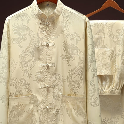 Spring Summer Ice Silk Middle-aged & Elderly Men's Tang Suit, Long-sleeved Suit Silky Shirt Morning Training Suit Tai Chi