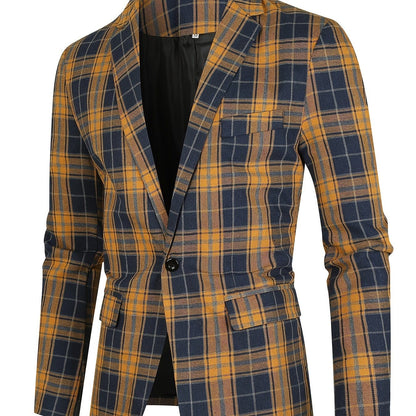 Men's Classic Fit Suits, Autumn Winter Casual Sports Slim Fit One Button Plaid Print Blazer Light Jacket