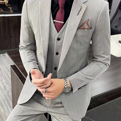 Small Size & Order Size Up, Men's Casual Striped Light Gray Suit