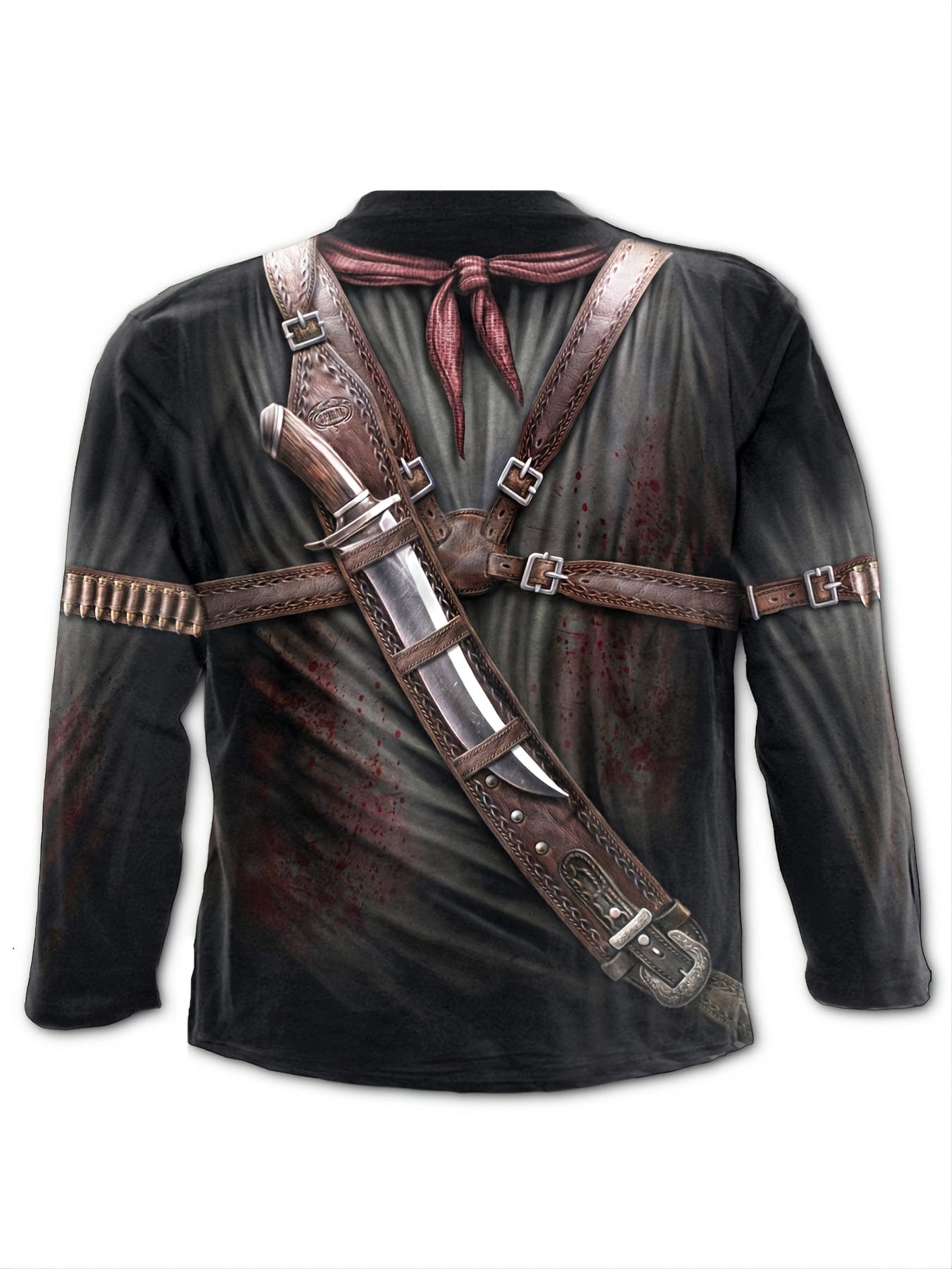 Men's Loose T-Shirt, Retro Casual Pistol Skull Print Crew Neck Long Sleeve Top